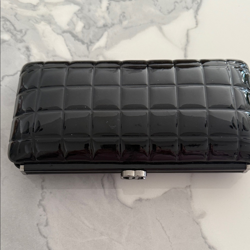 CHANEL Black Patent Leather Clutch with Silver Logo